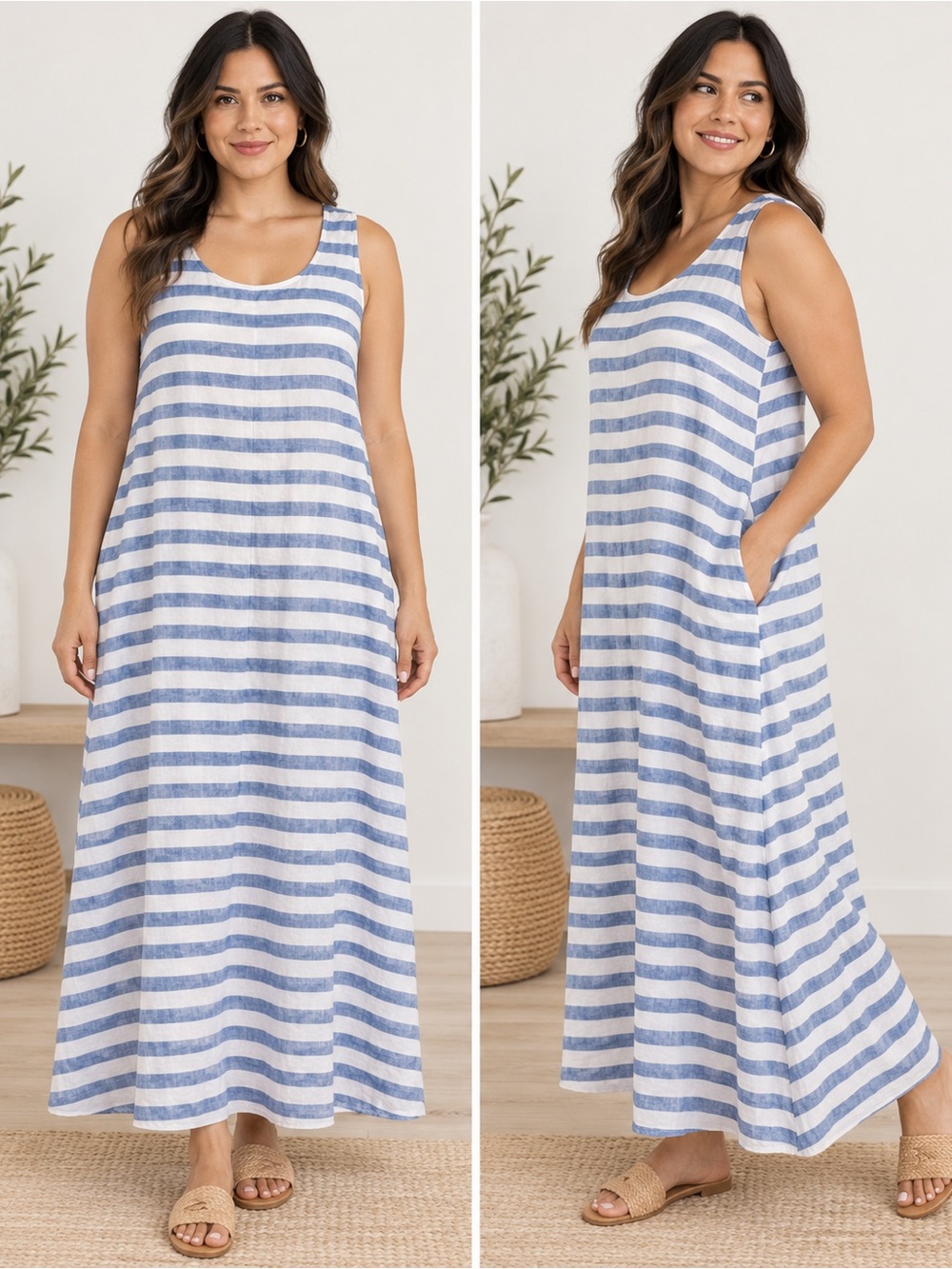 J. Jill Dress Love Linen Stripe Blu/Wht Maxi Tank SleevelessPockets Boho Large